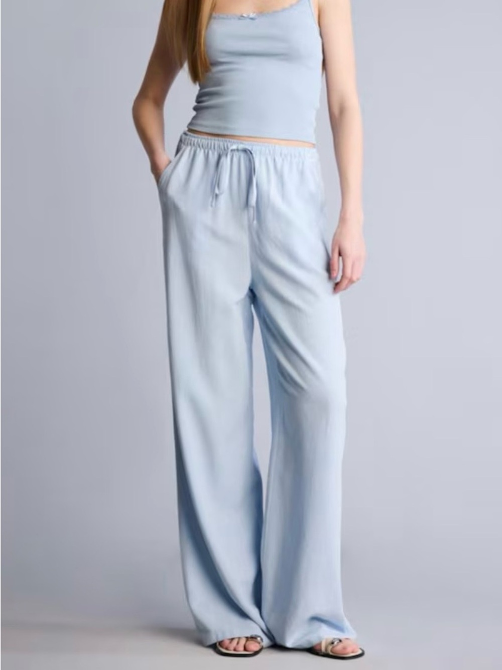 Very J Pale Blue Wide-Leg Drawstring Pants